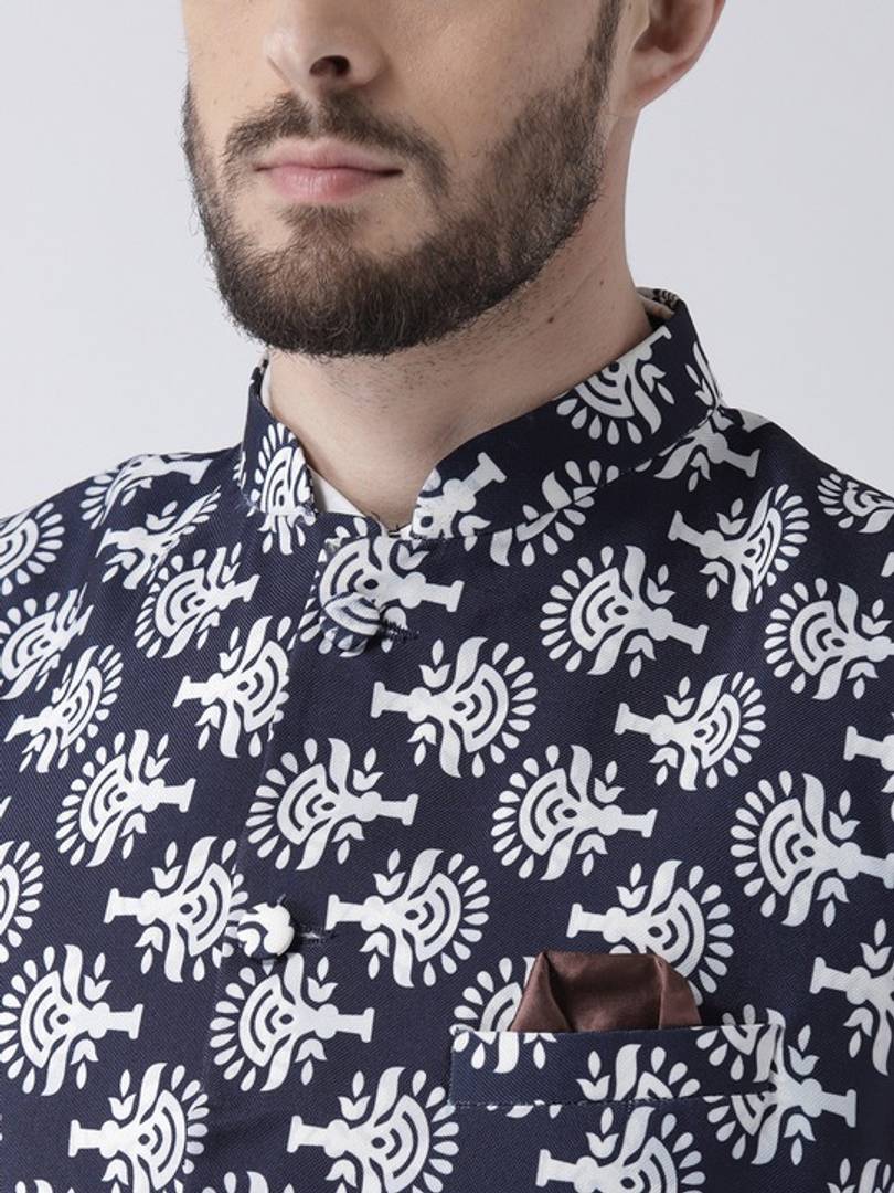 Men's Navy Blue Viscose
 Printed Nehru Jackets